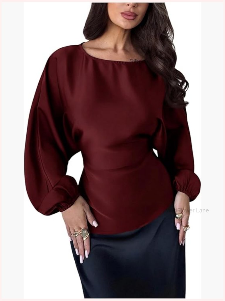 Satin Blouse Long Lantern Sleeve Dressy Casual Work Top Tie Back